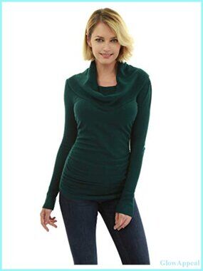 Women Slim Fit Cowl Neck Long Sleeve Ruched Sides Pullover Tunic Sweater